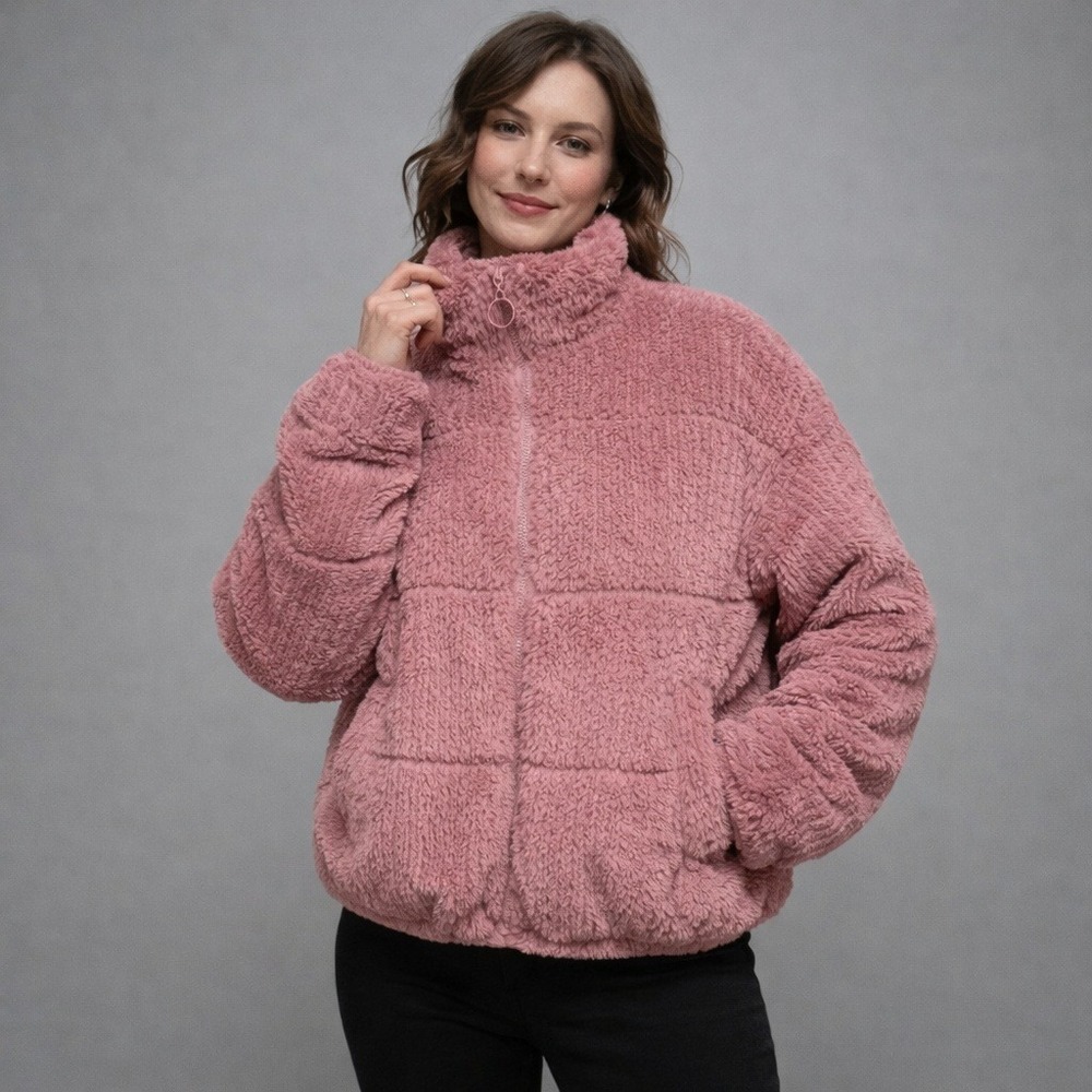Wild Fable Dusty Rose Faux-Fur Puffer Jacket Small Plush Teddy Soft